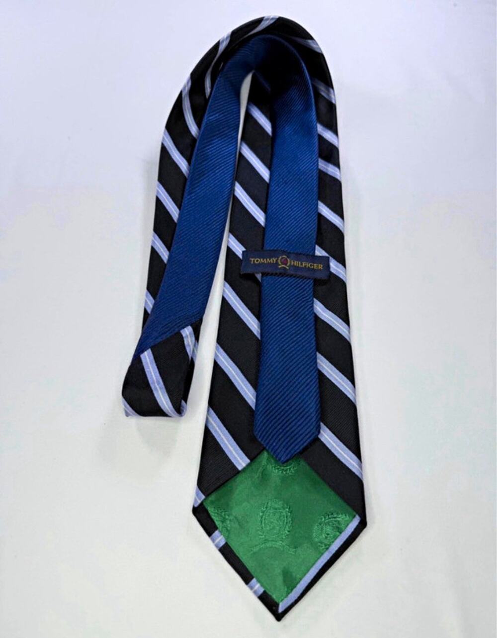 Tommy Hilfiger 100% Silk Striped Woven Tie Black Blue White Green Men's